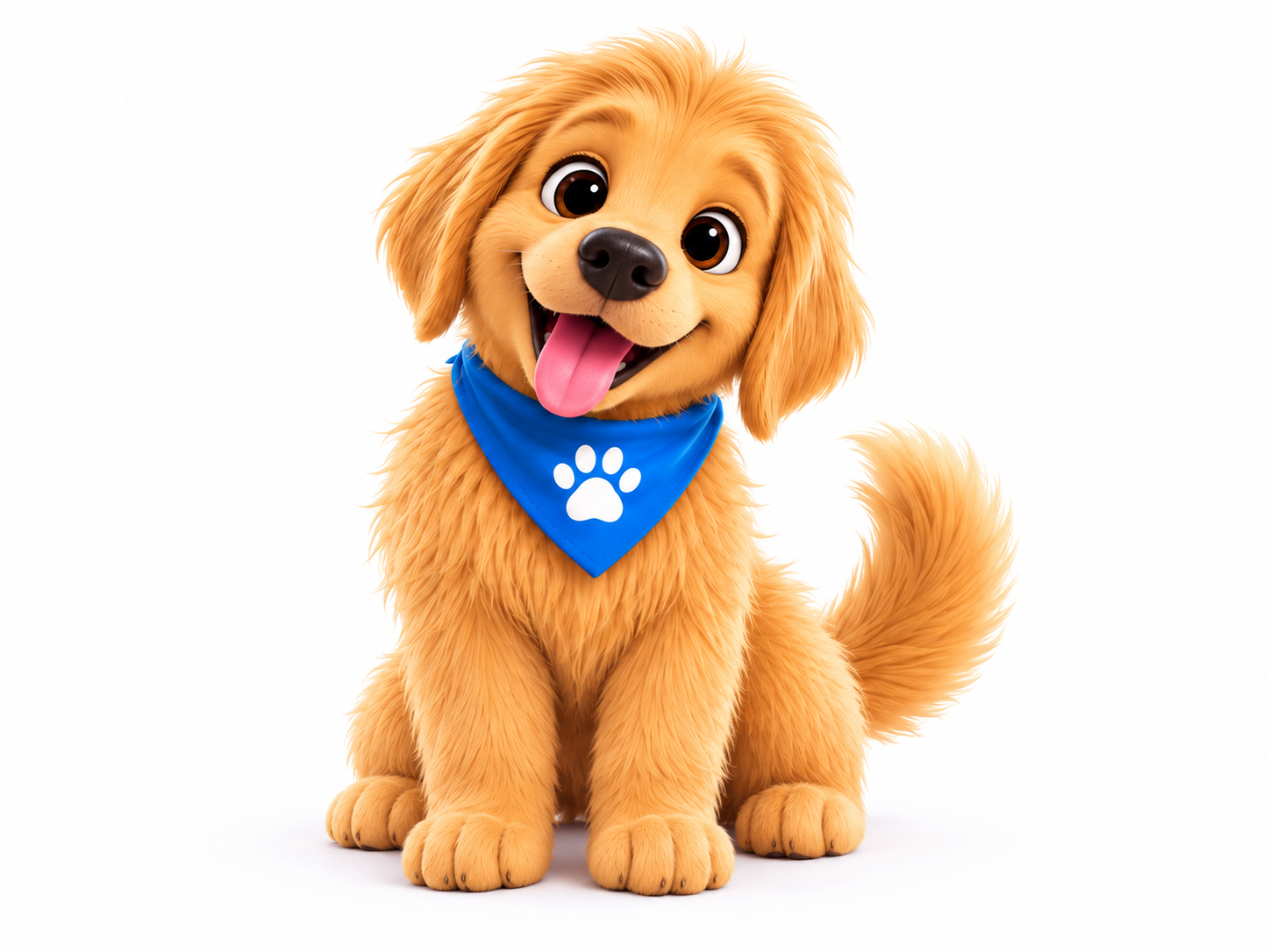 Bazi, the golden puppy with a blue bandana and one white paw print