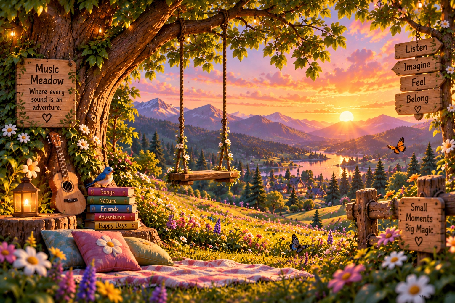 Music Meadow at sunset, with a guitar, swing and mountain views