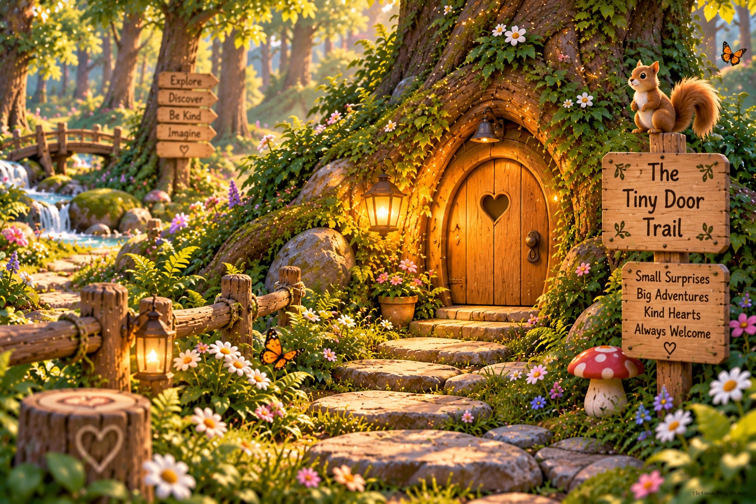 The Tiny Door Trail, with a heart-shaped wooden door inside a tree