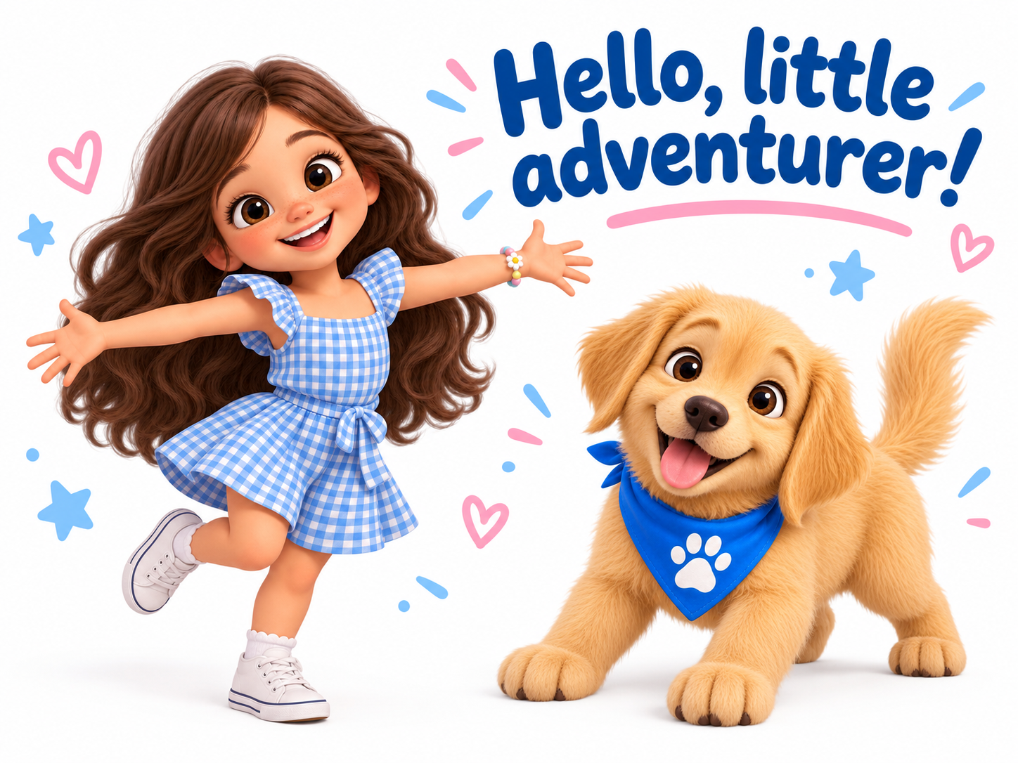 Hello, little adventurer! Mimi welcomes you with open arms beside Bazi, wearing her blue bandana with one white paw print.