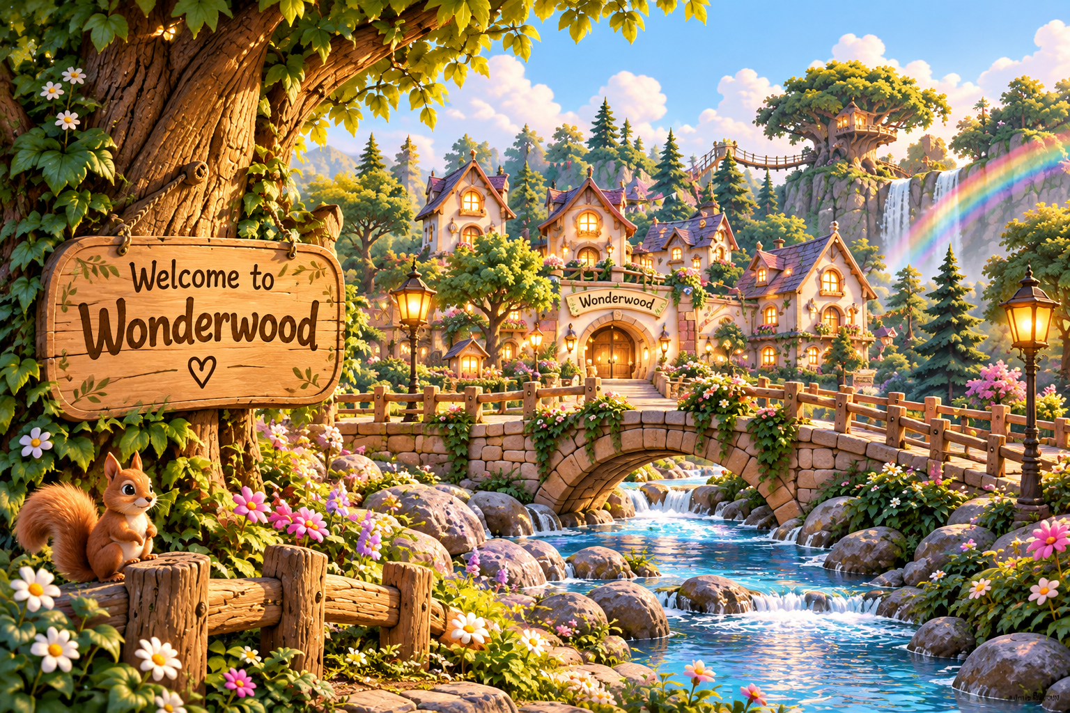 The village of Wonderwood, with a stream, bridge and glowing cottages